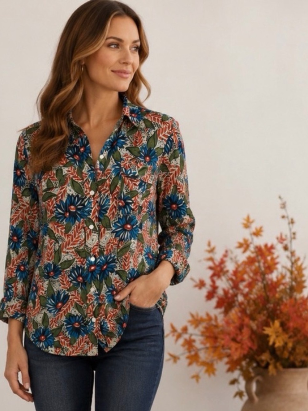Lucky Brand Floral Button-Down Shirt - Blue/Green/Red M
